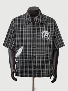 ROMWE MEN Street Life 男士美式街头风格图形短袖衬衫，夏季英伦天使儿童印花格子图案特别衬衫 - 黑色 - 查看 4