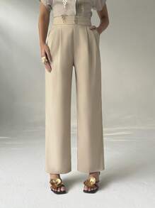 Aloruh Pantalones largos casuales de tiro alto y pierna ancha con bolsillos en color caqui, adecuados para oficina y uso diario