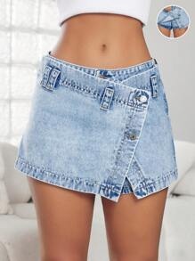 SHEIN ICON 女士休闲中腰斜襟水洗牛仔裙裤 - 淺色水洗藍 - 查看 1