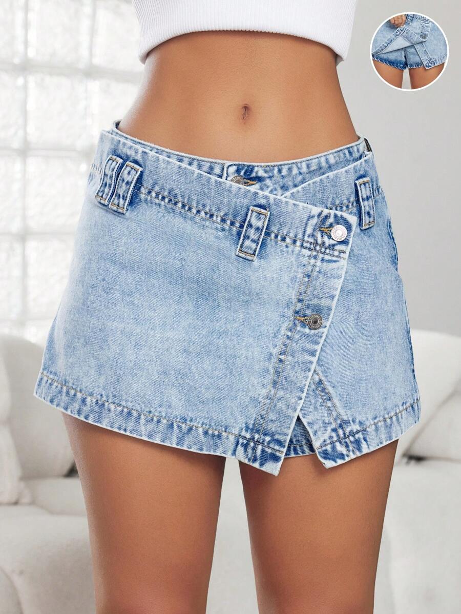 SHEIN ICON 女士休闲中腰斜襟水洗牛仔裙裤 - 淺色水洗藍 - 查看 1