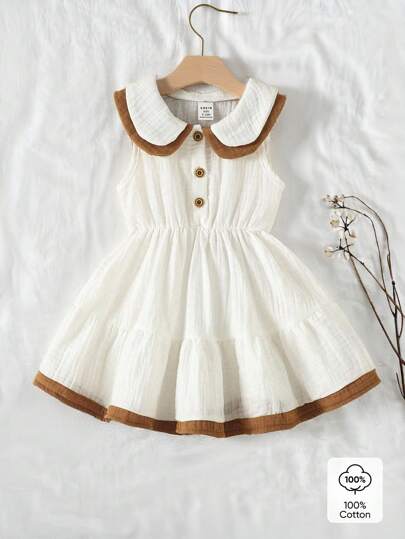 Vintaside Kids Baby Girl A Spring And Summer Cotton Gauze Double-Layered Collar A-Line Dress With A Ruffled Hem For Girls, Suitable For Parties And Outings.