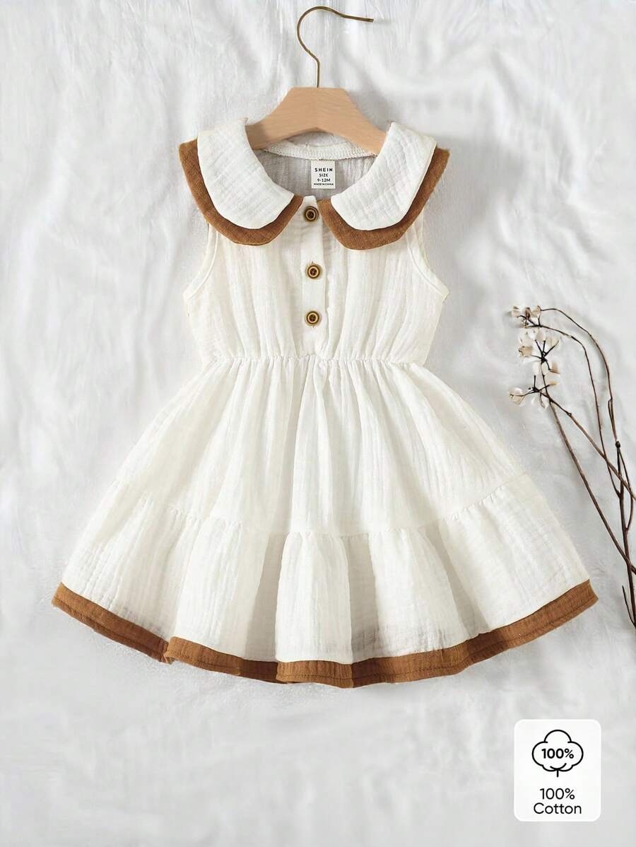 Vintaside Kids Vestido de algodón de gasa con doble cuello y falda acampanada con volantes para niñas, apropiado para fiestas y salidas. - Blanco - Ver 1