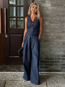 Livesso Ensemble décontracté en deux pièces pour femmes, composé d'un débardeur à col en V et dentelle patchwork chic, et d'un pantalon large, avec accessoire de ceinture