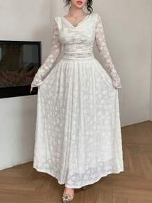 DAZY Set de 2 piezas con blusa de mangas acampanadas y falda, con parches de encaje y tejido texturizado, elegante y chic para mujeres