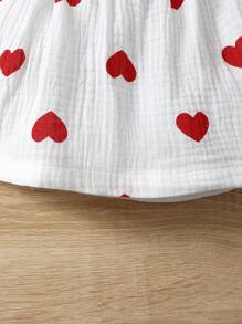 SHEIN Vestido Para Niña De Bebé Impreso Con Corazones Y Dobladillo Con Volantes - Rojo y blanco - Ver 6