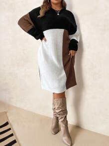 SHEIN Clasi Váy len ấm áp mùa thu đông cổ tròn tay dài xếp ly màu thanh lịch cỡ lớn cho nữ, trang phục công sở, váy dự tiệc cưới mùa thu, - Nhiều màu - Xem 1