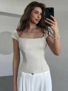 Aloruh 复古方形领口低胸性感短款上衣，露出，灰色短款套头衫 - 杏色 - 查看 3