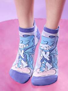 Pop Mart Azura X SHEIN 5 Pairs Cartoon Pattern Fashionable Cute Macaron Color Fantasy Soft And Breathable Moisture-Wicking Women Elastic Ankle Socks, Reinforced Toe And Heel, Suitable For Spring, Summer, Autumn, Winter, Pink & Purple