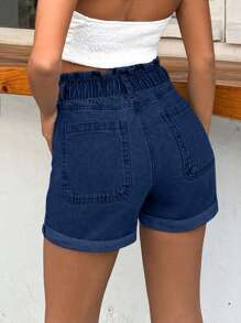 EURMUSE 100%Cotton Rigid, Elastic Band Detailed Shorts ,Petite Women - Medium Wash - View 2