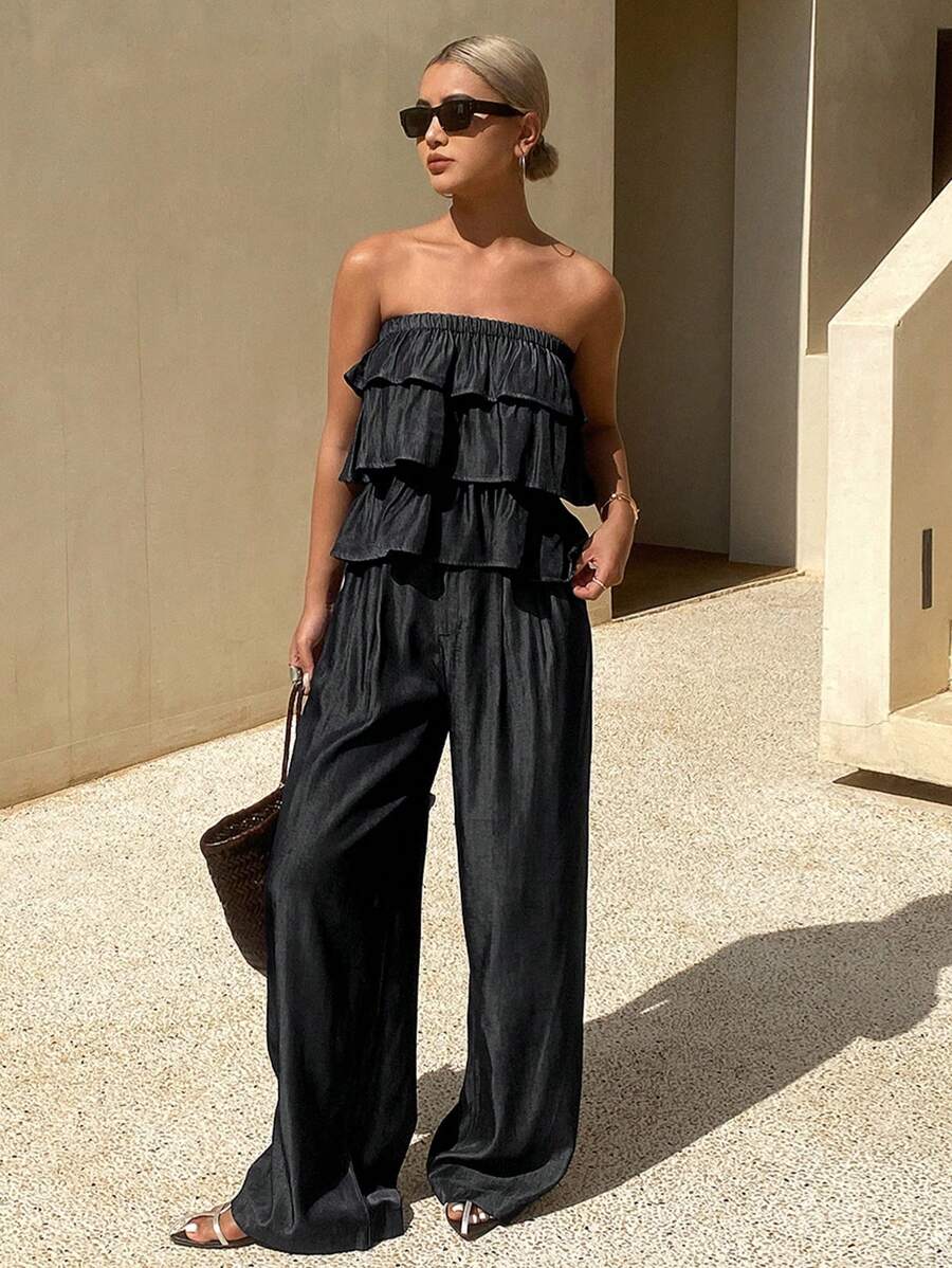 Livesso 2pcs Women Vacation Solid Color Ruffle Hem Crop Top And Pants Set Lounge Sets For Women - Black - View 1