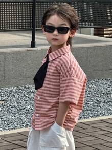 DAZY 男童休闲条纹口袋短袖条纹衬衫，日常穿着 - 粉色 - 查看 1