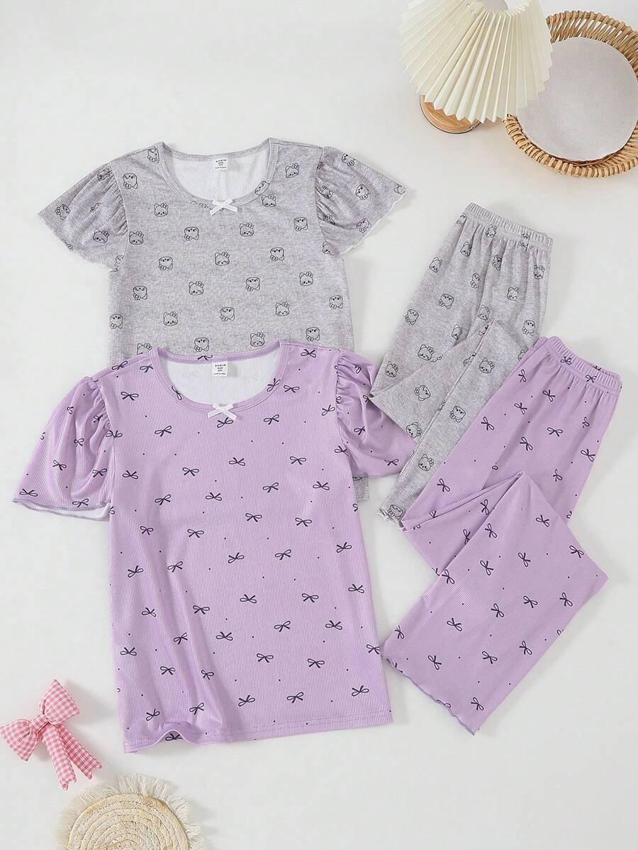 4pcs/Set Tween Girls Kitty Printed Textured Fabric Ribbed Purple Bow Short Sleeve Top And Long Pants Home Wear Set Back To School Fashion - Multicolor - View 1