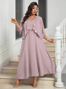 Bellastra Plus Size Mother Of The Bride Guest Outfit, Dress + Shawl Jacket Set For Wedding - Dusty Pink - View 3
