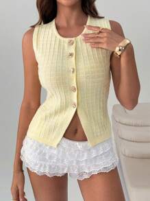 SHEIN EZwear Damen Butter Gelb Lässig Strukturierter Minimalistischer Ärmelloser Strick Top, für den täglichen Gebrauch, Sommer für Damen, Lehrerin für Damen - Weiss - Übersicht 4