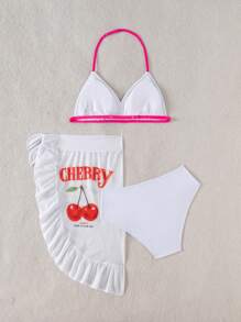 Tween 3 Pieces Cherry Bikini Swimwear Set For Beach Party - White - View 1
