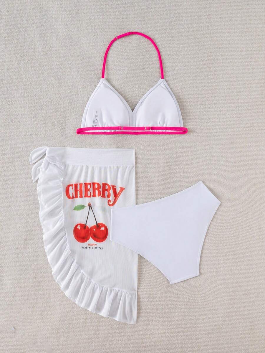 Tween 3 Pieces Cherry Bikini Swimwear Set For Beach Party - White - View 1