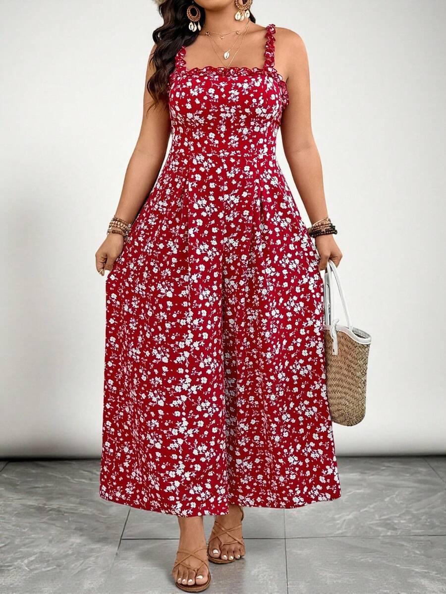 SHEIN VCAY Plus Size Ditsy Floral Sleeveless Jumpsuit, Casual Holiday Style Summer Outfits Beach Outfits For Woman Graduation Outfit Brunch Outfits For Women St Patrick Spring Break Rave Outfits Festival Elegant Vacation Outfits Woman Casau Western Cute Boho Ditsy Floral Beach Spring Clothes Brunch Outfits For Women Old Money Tropical Vacation Woman Clothes - Multicolor - View 1