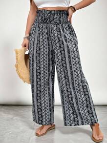 SHEIN VCAY 大码度假黑色几何印花高腰宽松飘逸阔腿裤 - 黑色 - 查看 4