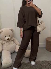 SHEIN 2pcs/Set Plus Size Women Solid Color Round Neck Drop Shoulder Top And Pants
