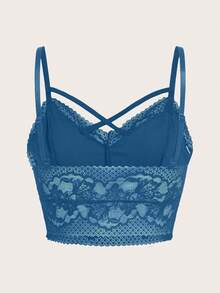 ROMWE Goth Áo hai dây ren đen cổ chữ V ôm vừa vặn cho nữ Áo thun họa tiết dành cho nữ - Màu xanh lam - Xem 3