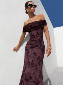 Aveloria Modichic Vestido midi ajustado con escote en V, hombros abiertos, estampado floral jacquard gris-verde de 2025, elegante y sexy con bajo estilo cola de sirena - Morado - Ver 4