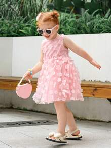 Young GirlPink 3D Floral Print Mesh Party Dress - Pink - View 5