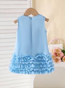 Vestido de línea A con volantes y lazo para bebé niña, de tela cómoda y de alta calidad, con diseño de moda que incluye un lazo decorativo y volantes, adecuado para usar en primavera y verano, versátil para ocasiones casuales - Azul - Ver 2