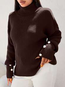 EURMUSE Plus Size Solid Color Minimalist Turtleneck Long Sleeve Pullover Sweater, Casual Everyday Wear - Brown - View 4