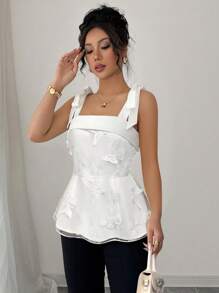 Elenzga Top corto de mujer de unicolor con lazo de moño, escote cuadrado, bordado de mariposa, malla en la cintura y volante, apropiado para citas y fiestas