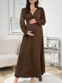 Lace Patchwork Deep V-Neck Waist Design Bell Sleeve Maternity Sleepwear Dress, Fall - Brown - View 5