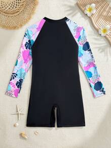 SHEIN Tween Girl Tropical Plant Print Raglan Sleeve One-Piece Swimsuit, Beach Vacation Casual Wear - Multicolor - View 3