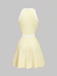 SHEIN MOD Đầm không tay màu vàng phối nhiều mảng màu tương phản, điểm nhấn là nơ và cúc áo. - Màu vàng - Xem 2