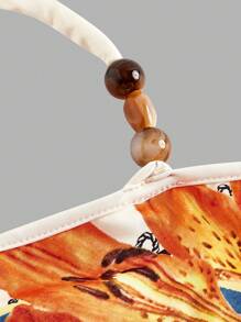 SHEIN MOD Plus Size Women Retro Floral Print Fitted Asymmetrical Open Shoulder Top, Faux Pearl Decor, Romantic Gothic Aesthetic, Hawaiian Style Vacation Wear, Y2K Vintage, Hippie, Western, Summer,Bohemian Halter Neck Top - Apricot - View 3