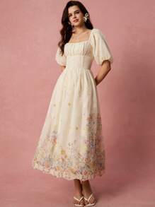 Enchnt Đầm dài thanh lịch cổ vuông tay bồng eo chun cho nữ, mùa hè - Nhiều màu - Xem 3