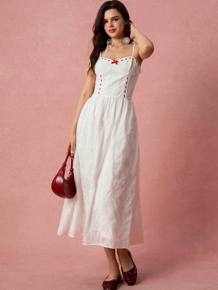 Enchnt 休闲蝴蝶结装饰无袖连衣裙，百搭夏季 - 白色 - 查看 1