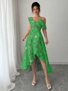 Elenzga Vestido de vacaciones con estampado floral y volantes asimétricos para mujeres - Verde - Ver 4