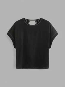 SHEIN Essnce 3 件套女士休闲圆领宽松后背镂空短袖 T 恤套装，适合夏季