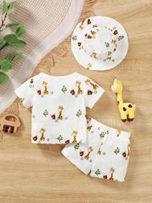 SHEIN Vintaside Kids 夏季嬰兒男童卡通長頸鹿圖案圓領短袖上衣和短褲休閒套裝