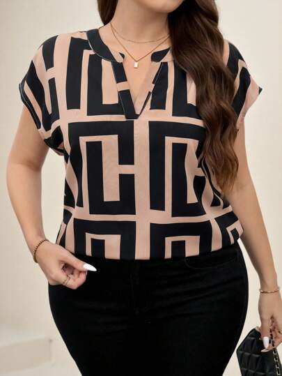 Chikora 大码女式优雅几何印花衬衫，适合夏季工作和教师