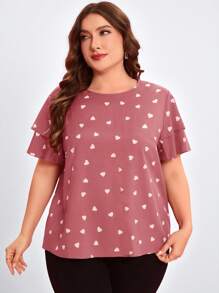 Reflora Blusa de manga corta con cuello redondo y volantes con estampado de corazón para mujer de talla grande - Rosa - Ver 3