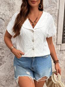 EMERY ROSE Plus Size Women's Oblique Collar Front Button Bat Wing Sleeve Textured Knitted Short Sleeve T-Shirt, Solid Color Casual Tee For Summer - Apricot - View 3