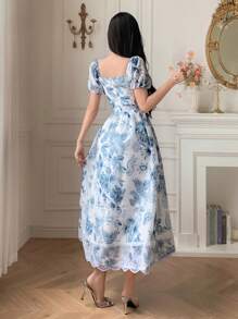 DAZY 女士夏季度假印花泡泡袖蕾丝拼接腰部中长连衣裙 - 藍色 - 查看 3