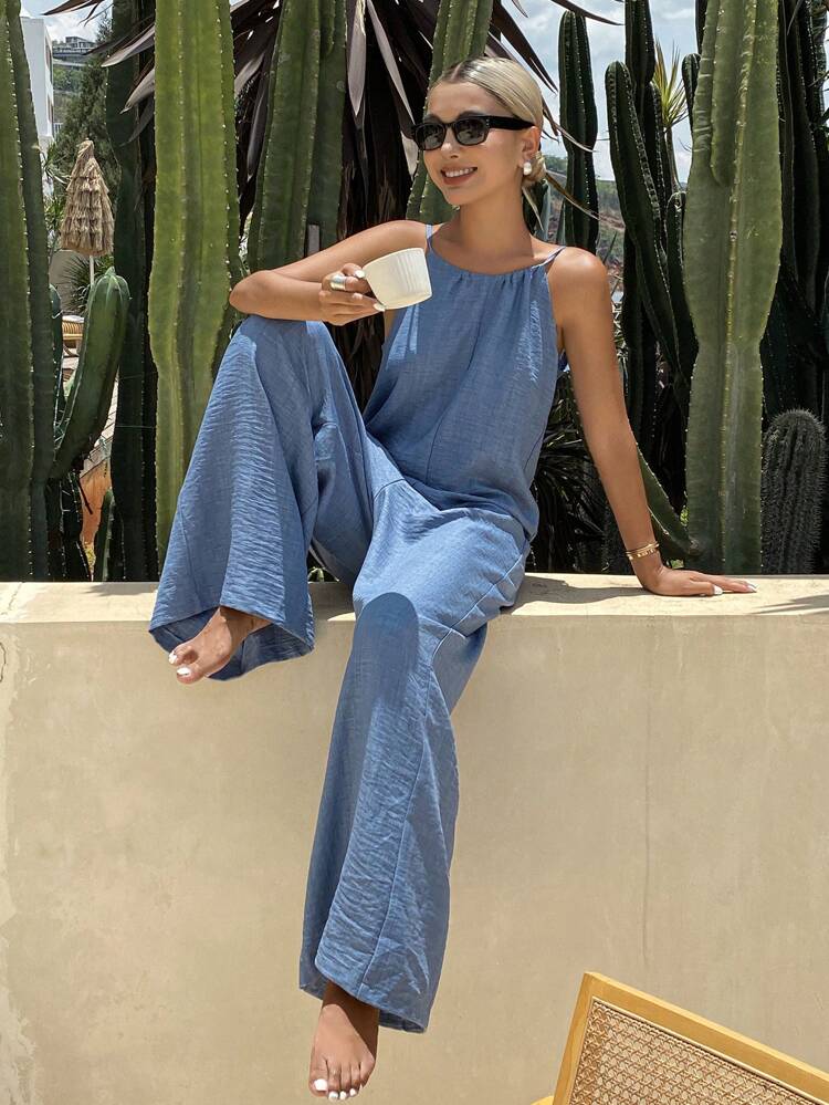 Women's Linen Sleeveless Jumpsuit, Solid Color Vacation Cold-Shoulder Outfit Women Jumpsuits Women Summer Sets Woman Clothes Women Summer Clothes Dress Women Clothes Work Summer Dresses Rompers For Women