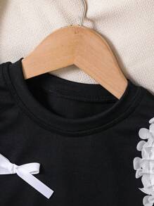 Elladie kids Young Girl Fashionable Ruffled Edge Bow Decor Camisole Dress & Bell Bottoms Outfit Set - Black - View 8