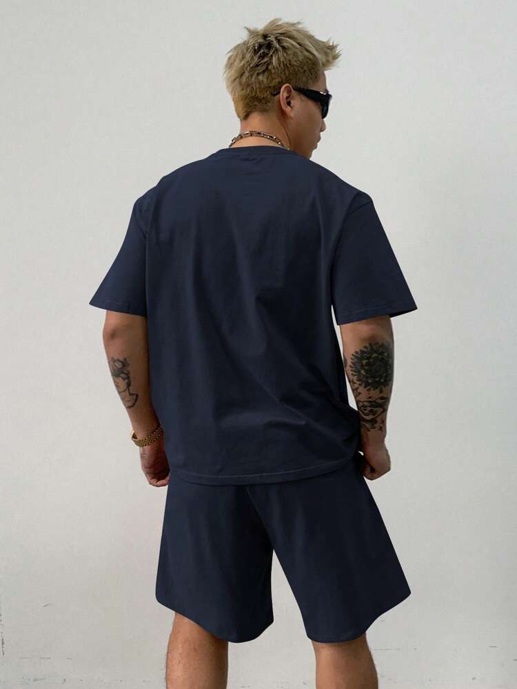 Men's Summer Solid Navy Blue Regular T-Shirts & Shorts Set, Cozy Outfits