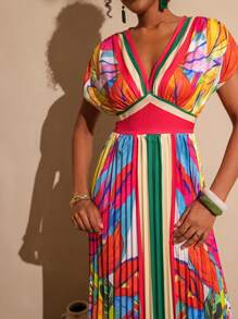 SHEIN Tall Colorful Print Deep V-Neck Batwing Sleeve Pleated Vacation Dress For Women, Tall Women - Multicolor - View 5
