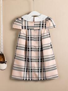 Elladie kids Girl's Plaid Print Peter Pan Collar Short Sleeve Dress, Collegiate Style - Multicolor - View 2