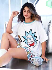 Rick and Morty X SHEIN 大码卡通图案短袖上衣和全身印花短裤睡衣套装