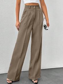 SHEIN Tall Tall Women's Solid Color High Waisted Wide Leg Pants - Coffee Brown - View 4