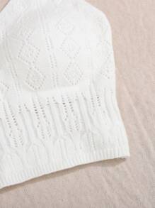 SHEIN 少女白色針織鉤針空心細肩帶緊身露肚上衣，適用於海灘度假